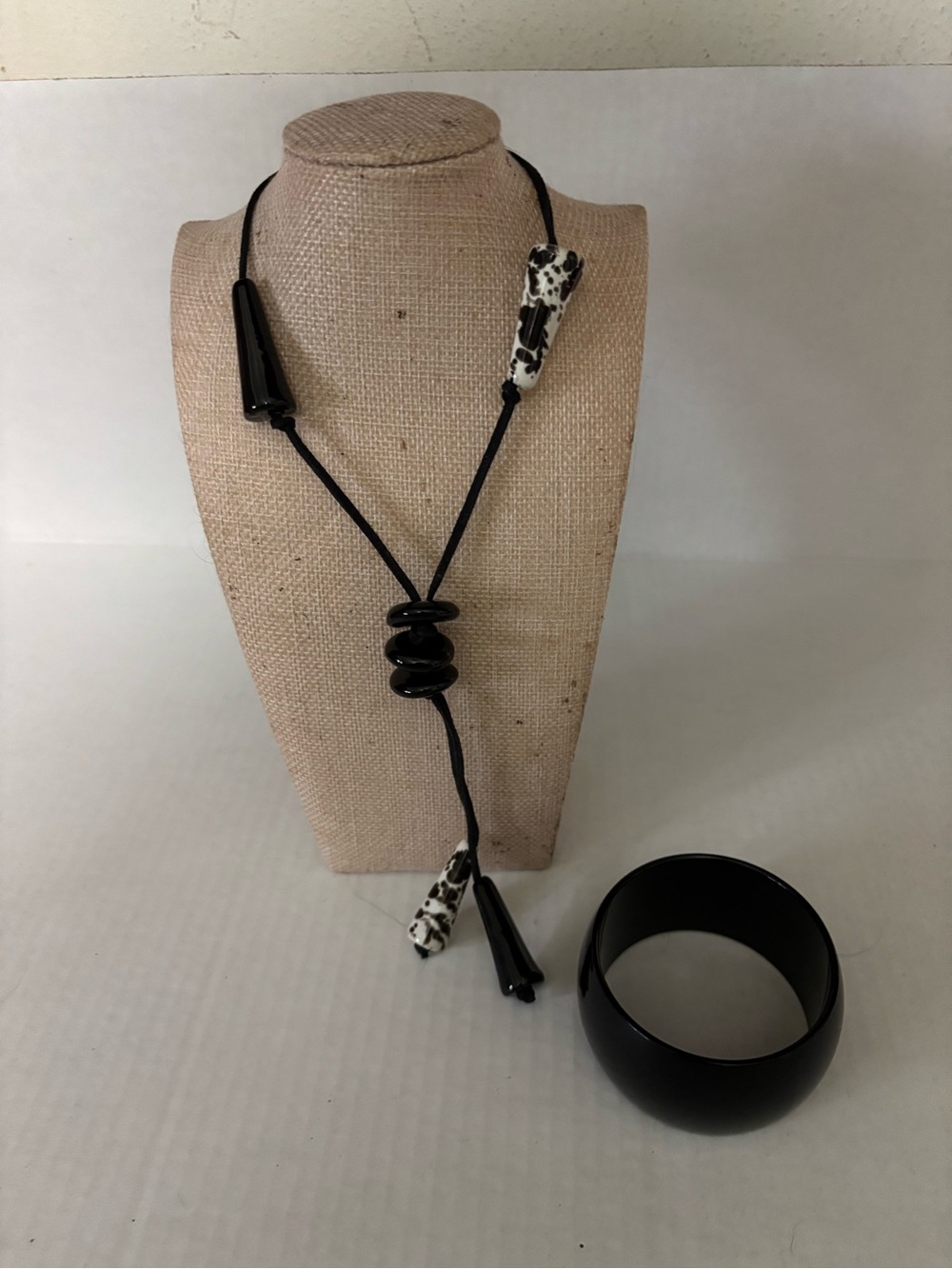 Black and White Beaded  Necklace and Black Bangle - Women Jewelry